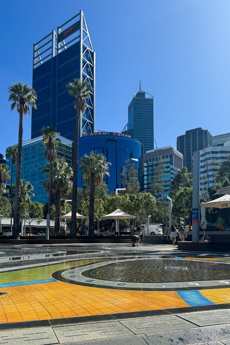 Vibrant cityscape of Perth's Kings Square featuring modern skyscrapers under a clear blue sky.